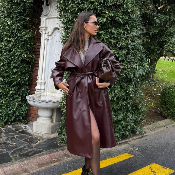 Burgundy Plato Faux Leather Buckle Trench Coat - Picture 4 of 11